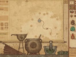 In Potion Craft: Alchemist Simulator you can brew extensive potions, as seen here in this screenshot: In flat lovingly drawn 2D graphics we glimpse a brewing chamber in profile, in which you can brew your potions. At the bottom center of the image is the large cauldron. To the right is a large mortar with a pestle, in which a green herb is being crushed. To the left of the cauldron is an ancient water spout, which rises above the cauldron on a stand. To the left of it, a blow bar for fire control can be seen on the floor. Almost the entire frame is filled by a rolled-up map hanging from the ceiling, visually representing the manufacturing process and also the type of potion. In the center of the map, we see the original potion, which then takes a certain path through the brewing process and becomes a specific one. On the left is a column with information about the current potion and on the right we see an inventory showing several different ingredients such as herbs. The scene appears in a brown tone.