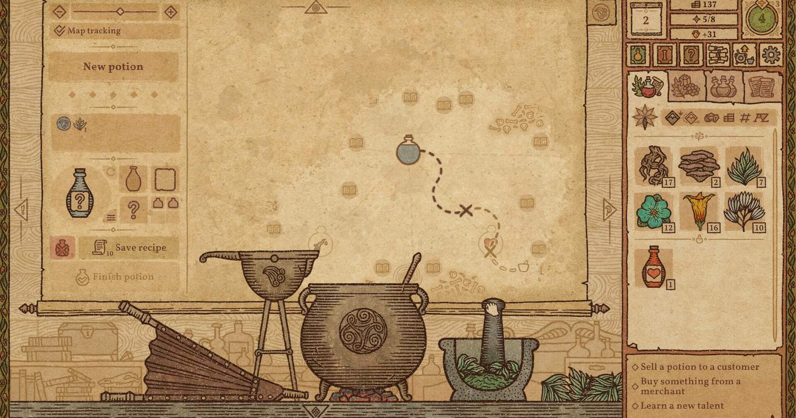 In Potion Craft: Alchemist Simulator you can brew extensive potions, as seen here in this screenshot: In flat lovingly drawn 2D graphics we glimpse a brewing chamber in profile, in which you can brew your potions. At the bottom center of the image is the large cauldron. To the right is a large mortar with a pestle, in which a green herb is being crushed. To the left of the cauldron is an ancient water spout, which rises above the cauldron on a stand. To the left of it, a blow bar for fire control can be seen on the floor. Almost the entire frame is filled by a rolled-up map hanging from the ceiling, visually representing the manufacturing process and also the type of potion. In the center of the map, we see the original potion, which then takes a certain path through the brewing process and becomes a specific one. On the left is a column with information about the current potion and on the right we see an inventory showing several different ingredients such as herbs. The scene appears in a brown tone.