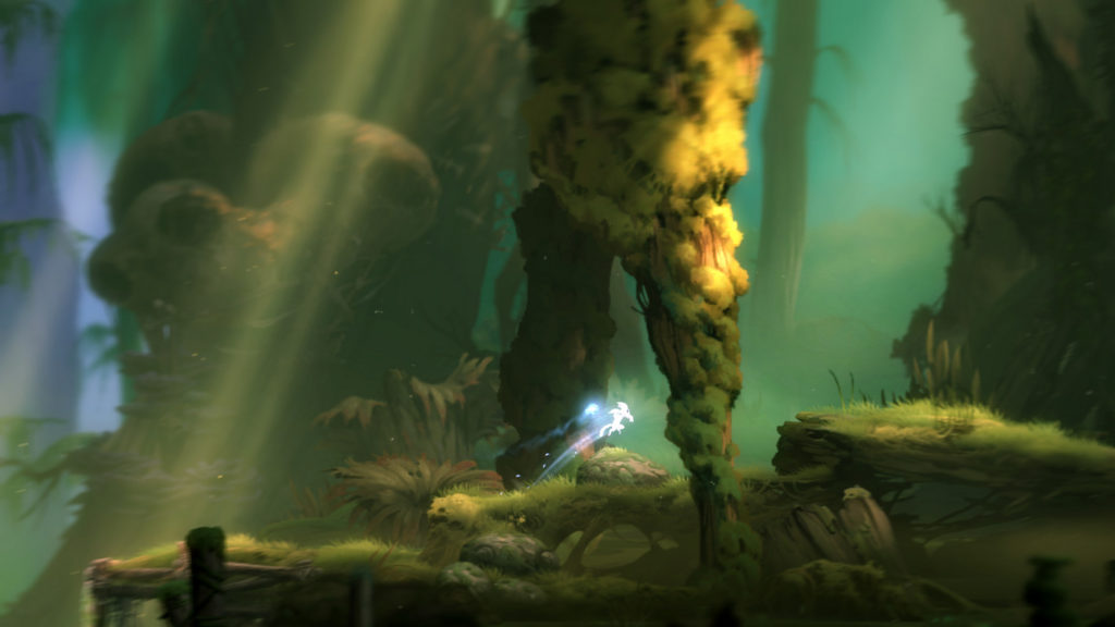 Ori can be seen here in this screenshot in a greenish forest section shone by warm light at the bottom center, jumping together with his bluish companion to the right through a wooden arch. The foreground game area rises slightly in a stair-like manner. In the background, huge, thick tree trunks overgrown with vines can be seen out of focus. Purple light is visible at the left edge of the image, and turquoise light is generally visible in the background. This title is one of the best Metroidvania games that will warm your heart.