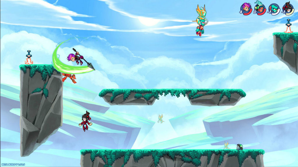 In Brawlhalle, one of the best PC fighting games, you'll enter a 2D arena where you'll fight against several opponents at once, as you can see in the screenshot: We glimpse a fighting arena in daylight, consisting of four stone planes floating in the air, which are covered in grass. On the left of the image, as well as in the upper right of the crop, there is a stone plane on which a vertically placed fiery sword is placed. On the left of the stone plane, a female character dressed in black with pink hair is performing a spear attack, revealing a green round tail, and enemy characters in red battle gear are falling into the depths. A little further below them, an Asian-looking female character with black hair pinned up and red clothing is leaping into the air with her arms outstretched. Right at the top of the image are two characters in the air. One has a bird-like green and yellow outfit and has grabbed the other character, who has green skin and red clothing. In the background, we can see huge rocks in the distance, and above them the blue sky with clouds together with the sun, which we can see at the top center.