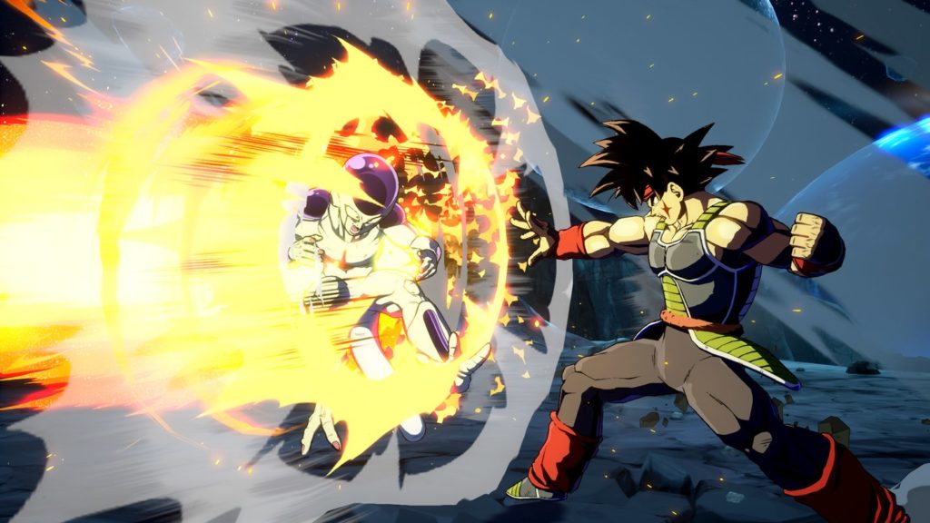 Immerse yourself in one of the best fighting games for PC, as illustrated here in this screenshot of Dragon Ball FighterZ: On the right, we see Son Goku in profile in perspective view in a long shot. He's wearing black form-fitting pants and has a blue and yellow breastplate on. He wears a red headband and has long black hair that runs in a jagged pattern on all sides. He stands wide-legged facing left and is blocking with a scream a fiery attack by the magenta-white creature Freezer, who is facing us in half-profile on the left side of the image and is standing in front of Son Goku. The two figures are on an alien planet that has a dark blue coloring and the sky is black. At the right edge of the image, the blue earth can be seen in the distance in the crop.