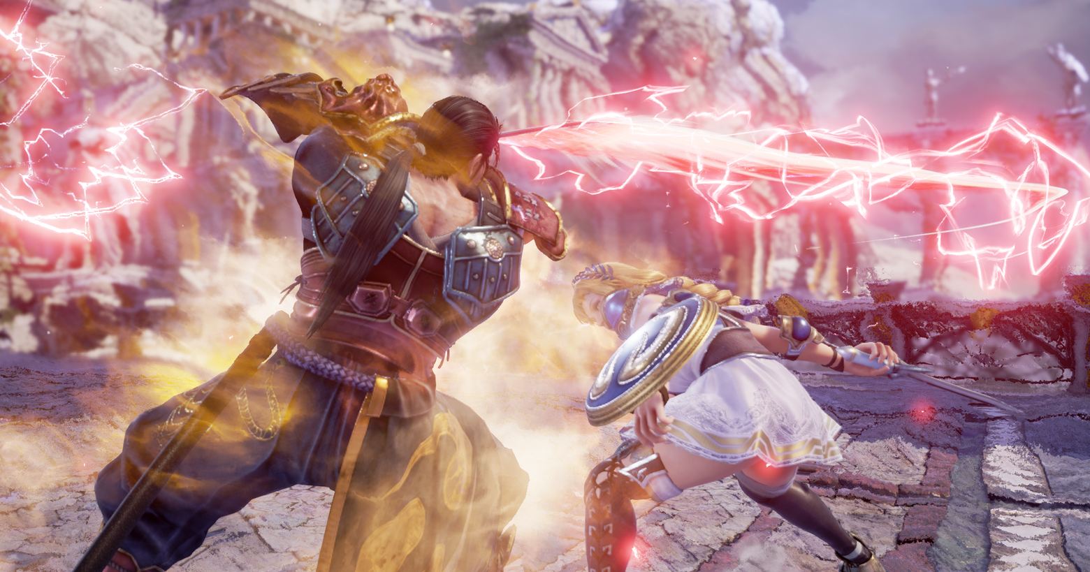 A screenshot of the game Soulcalibur VI is shown. On it, we see two characters in battle gear in an oblique perspective view in the half-total during the day. On the left side of the image, with his back turned towards us, stands a very muscular samurai warrior with a black pot and armor. He is executing a sword attack, which causes a red lightning bolt to run horizontally through the image. slightly in the background directly in front of him and slightly diagonally to the right is a female warrior. She has a long blonde braid, and a white dress, and is equipped with a sword and a round blue and gold shield. She is currently parrying the attack by ducking. The two are in a stone battle arena in the middle of a mountaintop, and in the background, you can see more rocks and temple-like pillars in the blur. With this title, you'll play one of the best fighting games for PC.