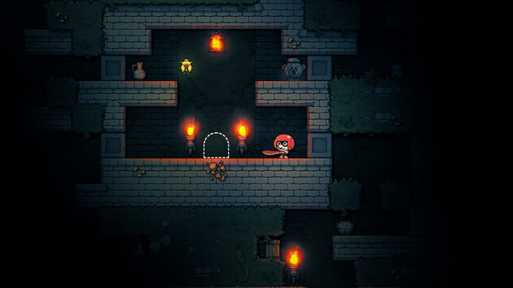 In this 2D platformer roguelike, you fight your way through many procedurally generated worlds, as seen in this screenshot: The player is in the center of the screen here, standing in a stone room lit by three red torches. Below him is another corridor, also lit by a torch. Otherwise, the frame beyond these rooms sinks into darkness. The player is a cute little 2D character with an oversized head, a black mask, and a round red helmet. In his hands, he holds a large orange sword. The room is symmetrical and contains another level on the left and right, on which there is a golden trinket on the left and a vase in the corner on both sides.