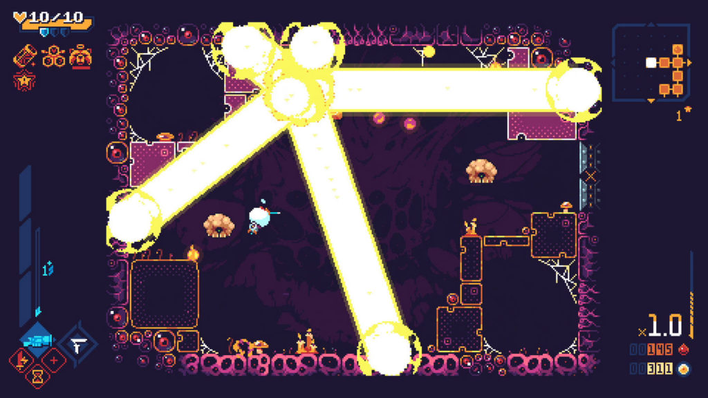 This screenshot shows the game Scourgebringer as a 2D platformer from the side. We see a stage consisting of magenta organic shapes and bubbles that takes up almost the entire frame. The graphics look deliberately pixelated and the atmosphere is rather gloomy and oppressive. The stage consists of various square and rectangular blocks placed on the sides of the room. Several ulcer-like enemies float around the room. At the top of the screen, the protagonist is currently performing a combo attack, causing three giant bright-yellow beams to emanate from him in different directions. Beyond the stage, the player interface including a minimap, life meter, and weapon menu is displayed in orange-red colors in the corners.