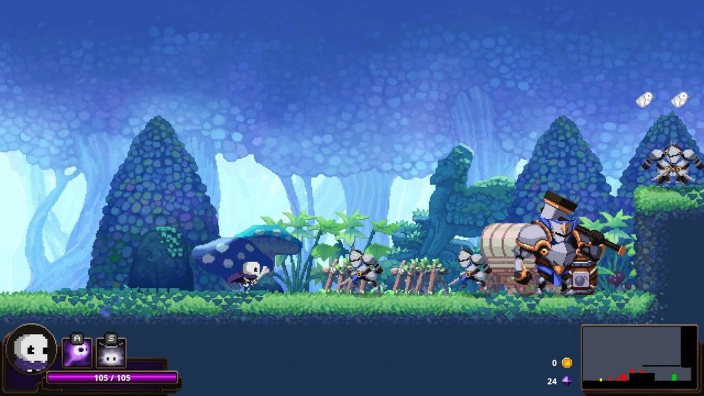 Skul: The Hero Slayer is a 2D sidescroller and roguelike, as illustrated in this screenshot: You can see a bright game world with a grassy landscape seen from the side. In the wide shot, we see the protagonist on the left half of the image, standing in the grass as a skeleton armed with a bone and looking to the right. In front of him are two knight-like opponents armed with swords, who are running towards him. Behind them is a much larger opponent in the same knightly armor, armed with a huge steel hammer. On the right edge of the image, there is an elevation of the game world with another small knight opponent standing by. In the background, you can see an imaginative forest with wedge-shaped bushes and large trees with thick trunks.
