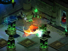 Here we look at a screenshot from the hack-and-slash game Hades, one of the best roguelike games on PC or Switch. We are looking from above in an isometric perspective at a green-shaded ancient gloomy hall. In the center of the screen, the protagonist Zagreus, dressed in red, is in close combat with an orange-looking enemy and is about to perform a sword attack that creates a round orange tail. Around him are rectangular green-lit columns. At the top left of the image, we catch sight of a chandelier hanging from a ceiling, indicating that the room has a very high ceiling. To our left and right is the same copper-colored figure with a large hood over his head and holding a big red sphere in his hands.