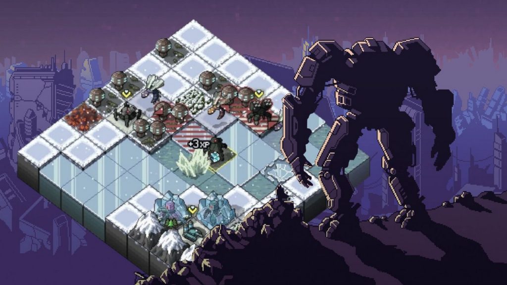 In the foreground on the right half of the image, a mech from the game Into the Breach is shown from behind in a long shot. It stands on a rocky outcrop and is illuminated from the front by the dark evening sun so that a long black drop shadow runs to the lower right corner of the image. The mech is looking down on an isometrically laid out playing field, which consists of equally shaped square snow and ice-like tiles, shown in the background on the left half of the image. On the tiles, there are different futuristic fictional buildings or units, some of which can be seen in the same way on other tiles. In the middle of the game field, we see the text "+3xp” in white capital letters in quite a small size. In the background, we can see a huge futurist city in purple color, which is displayed frontally and goes horizontally through the image. The sky is brown-red. With this game, you'll experience one of the best roguelike games for Switch, PC & other platforms.