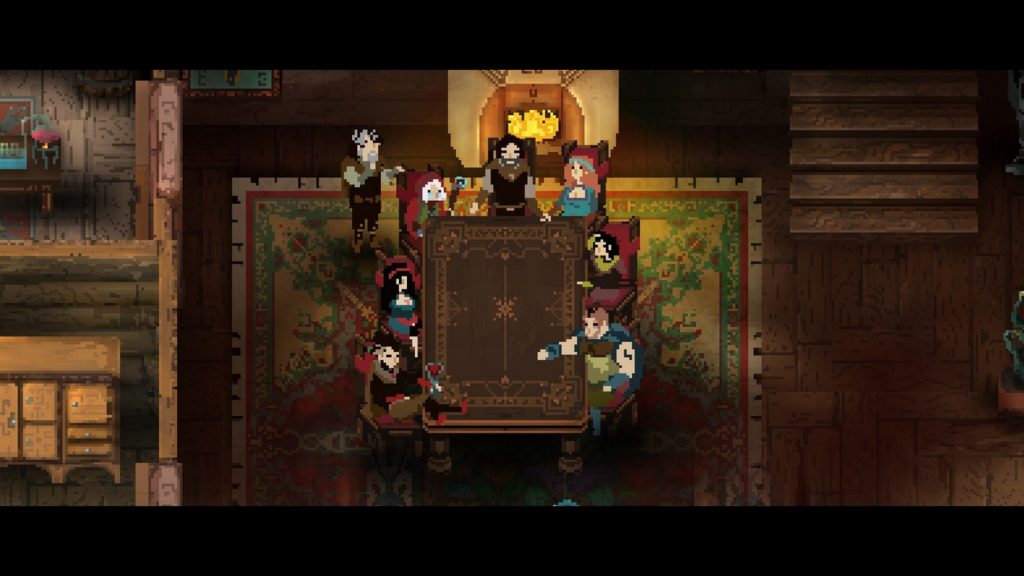 In Children of Morta you play a member of an honorable family, as shown here in this screenshot: In an isometric perspective, the Bergson family can be seen in the center of the image in a long shot, sitting around a wooden rectangular vertical table in a wooden house. Each family member represents a distinct class, which also makes them all have different medieval clothes, hair color, and hairstyles in this screenshot. At the top of the screen, there is a fireplace, which warmly illuminates the family members. Below them is a huge carpet with colorful historical-looking motifs. At the top right of the picture, there is a wooden staircase leading to a higher floor. On the left edge of the picture, two more rooms can be seen in the crop. At the top left we see a table with a glass carafe and below it a wooden chest of drawers in the other room. Play one of the best roguelike games for PC, Nintendo Switch and other platforms with this title.