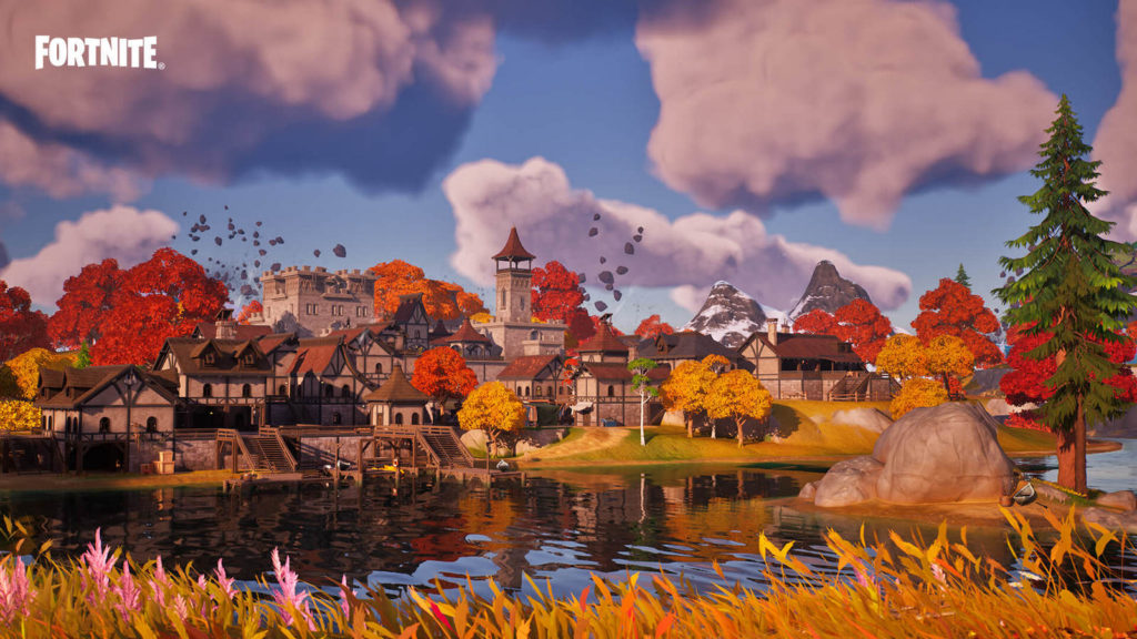 Chapter 4 of Fortnite will look stunning with the new features of Unreal Engine 5.1. As you can see in this screenshot of a small village from a distance with a lake in front of it, the water surface perfectly reflects the urban village behind it and also the sky. The atmosphere and colors are very autumnal.