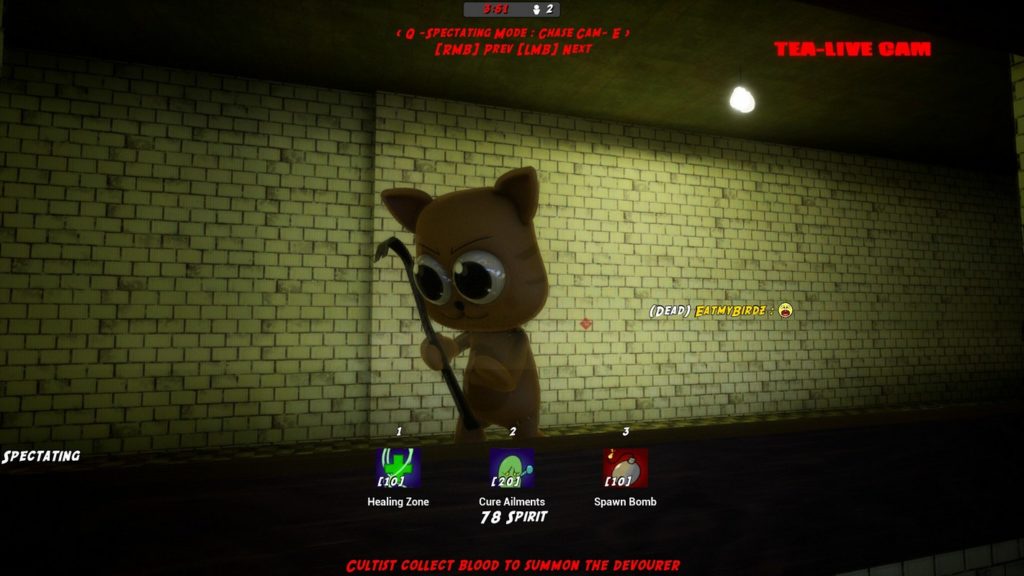 In this screenshot from Get-Stuffed! we are looking in first-person perspective in spectating mode at a cute cat-like character with a disproportionately large head, pointed ears, and huge wide-open eyes. He has a crowbar in his hand and is looking to the left edge of the screen. The character can be seen in a long shot in the center of the frame and is in a dark corridor with yellow stone walls, which is only somewhat illuminated by a light bulb hanging from the ceiling. At the top of the image, there are hints for the game navigation in red letters and below the player, there are three different graphics including a description, which give information about the items of the displayed player. This title is one of the multiplayer horror games, which are very entertaining besides the creepy elements.