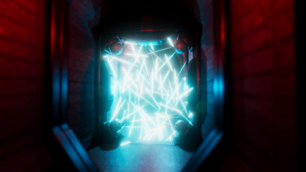In SCP: Secret Laboratory you either fight the paranormal or play a paranormal creature that has broken out of its chamber. In this screenshot, we are looking in first-person at a rectangular high-edged airlock portal that is currently active, so that numerous bright turquoise lightning bolts can be seen in it. We are standing in a dark red illuminated corridor and the glistening light is reflected on the floor. Play one of the most successful paranormal-themed multiplayer horror games for free.