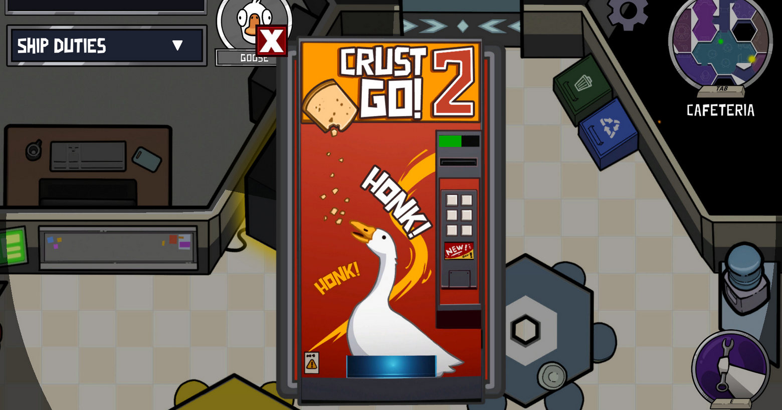 In this screenshot of Goose Goose Duck, we as the player are looking at a 2D playing field in an isometric perspective and are in a spaceship. You can see the main room with a yellow and white checkered floor. The room takes up almost the entire frame and consists of several slanted corners. Various objects are depicted on the walls, such as two square green and blue trash containers, which we see standing next to each other at the top right of the frame. on the right at the bottom of the frame, a hexagonal gray table with six round chairs is depicted. To the left and right, corridors lead to other rooms where the geese must complete tasks. In the center of the picture and above the playing field, we see a red drinks machine with "Crust Go! 2" written in white capital letters at the top. Below that is a white goose and next to it is the written goose sound "Honk!" in white capital letters. The image comes from the Among Us Alternative Goose Goose Duck, which is about to become perhaps the best steam game.