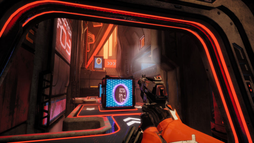 In first-person perspective, the player looks into a very orange glowing futuristic arena, which has a small width but a large depth and height. White arrow markings can be seen on the floor and in some places, it goes deep into the abyss. Numerous orange outlines are shown both on the floor and on the walls. In the center of the hall, there are several blue windows placed directly behind each other with purple portals in them, through which the player can pass to get to another place on the map. We hold a futuristic pistol with both hands, which we can see in the lower half of the image. The game is a mix of Portal and Halo and can be considered one of the best free FPS games thanks to this very original gameplay.