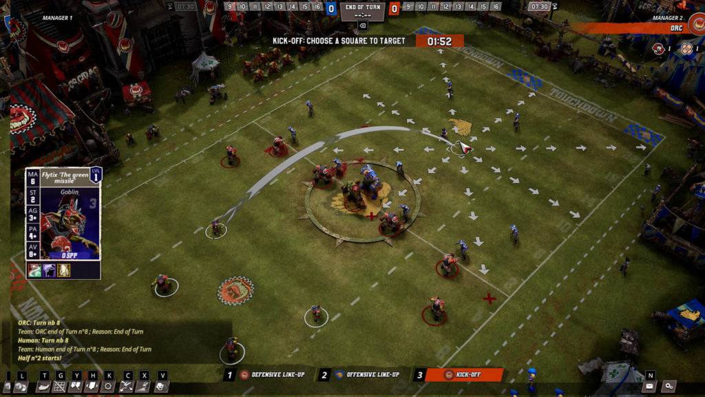 In Blood Bowl 3, you will probably be able to use cross-play. A release date is confirmed and the game will come out in the near future. In this screenshot, we can see from an isometric perspective the football-like field, where an Orc team in red color plays against a team of humans in blue color. The game is about to start and all players are in their positions. One of the orc players is selected on the left side and a long white arrow leads in the arc towards a human player, from which radially many white arrows lead away. Around the playing field, we see the typical football environment with substitute players, coaches, and spectators. Various information about the game is displayed at the edges of the screen, such as the names of the teams, the time, and the distribution of points. On the left side of the screen is the avatar of the selected player with his skills and stats.