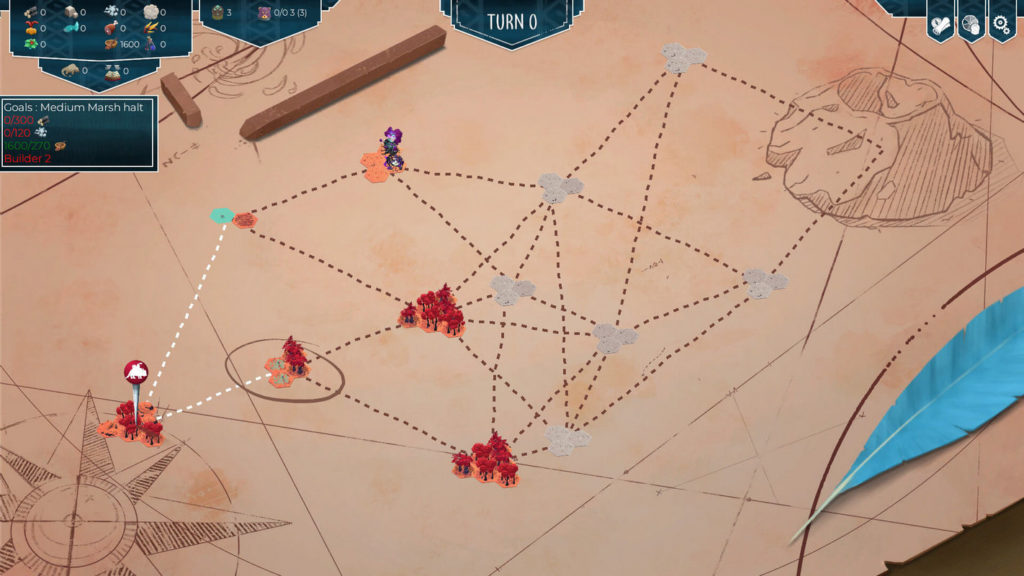 Here we see the map from the game As Far As Ahe Eye. It's an ancient beige map with several waypoints marked with dashed lines that you, as a tribal chief, can walk along with your people to search for resources or food. At some waypoints on this map, there are small red trees that indicate a forest area. The waypoints are very much connected to each other by the dotted lines. At the top right of the map, the destination of the journey, called The Eye, can be seen in the form of a sketched mountain. At the bottom right, in the bleed, we see a blue feather and at the bottom left corner also in the crop, we see a sketch of a compass. In city building games like As Far As Ahe Eye, you have to manage a mobile settlement.