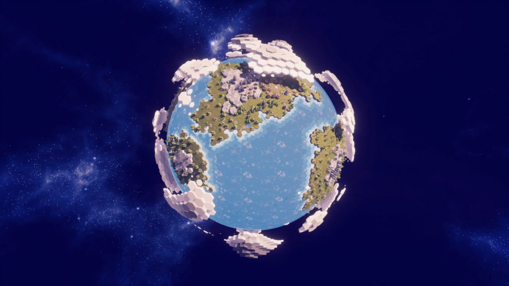 In this screenshot of Before We Leave, we see a blue planet in the center of the image, on which three green overgrown continents are shown. The graphics of the game is implemented in such a way that the elements consist of many hexagonal honeycomb shapes. Around the planet, there are a lot of white clouds. The planet is located in a dark blue space.