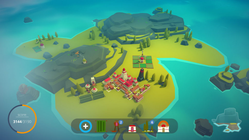 In this game, you calmly build your empire, as shown in this screenshot: We are looking at a green island in an isometric perspective, which takes up almost the entire frame. The graphics of this game are very simplified and comic-like. The turquoise sea can be seen around the island. On the isle, there are two large gray stone plateaus, around which are some green fir trees. In the center of the picture, in front of these mountains, there is a city with many rectangular buildings that have red and orange roofs. A large one sticks out in the middle of the city. To the left of the city are two green fields, and to the upper right above the city is a mill with eight green fields around it. In the bottom left corner of the image, the score is displayed in an orange-blue circle, and at the bottom center of the image we see the player's inventory with the possible buildings he can build. Expand your empire and build as much as you can in one of the most relaxing city building games.