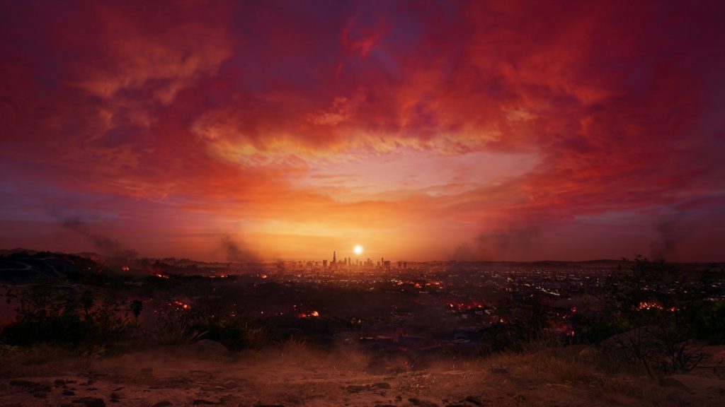 The zombie-infested city of Los Angelos is shown here as a panoramic view from a distance. The city is called Hell-A in Dead Island 2, where a release date is now known, which is very well represented in this picture: From a hill, we look into the distance and see the city of L.A. in the lower half of the picture. As we do so, we catch sight of the many skyscrapers in the city center directly in the middle. Directly above is the setting sun, which turns the city, which extends into the foreground of the image on all sides, into a black, gloomy landscape. Smoke rises in several places and buildings are on fire. Above the city, the sky and clouds are colored red by the sun, emphasizing the prevailing post-apocalyptic.