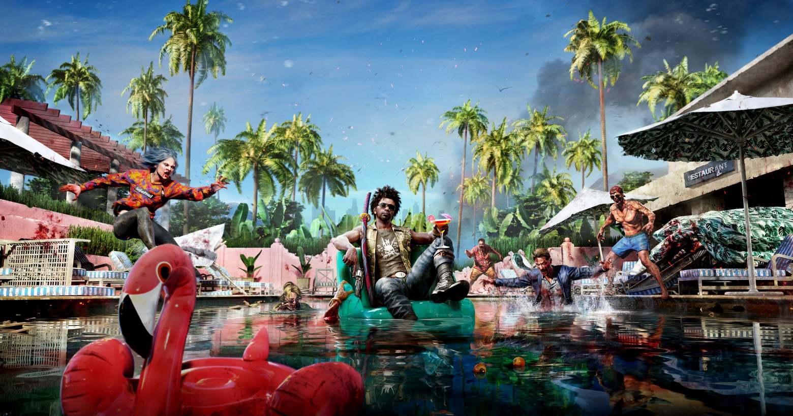 The cover of Dead Island 2 can be seen here. Jakob, one of the playable characters, is shown in the center of the image in a wide shot. He is a cool African-American with black crimped hair, a yellow vest, blue jeans, and black high boots. He wears black sunglasses and a red katana leans against his right shoulder. In a casual pose, he sits on a floating turquoise armchair in the middle of a pool. As viewers, we are at the level of the water about 3 meters in front of him and look at him. Jacob looks back at us. The pool is in a hotel complex, which we recognize in the background on the left and on the right in the picture in the cut. Further back, numerous tall palm trees tower into the blue sky. The very colorful surroundings are reflected in the water of the pool. In front of the left in the picture an inflated red flamingo swims in the water. Zombies rush and jump at the protagonist from the sides. But the protagonist doesn't let himself be disturbed and demonstratively holds a cocktail glass with orange contents in his left hand. The release date of the game is now confirmed.