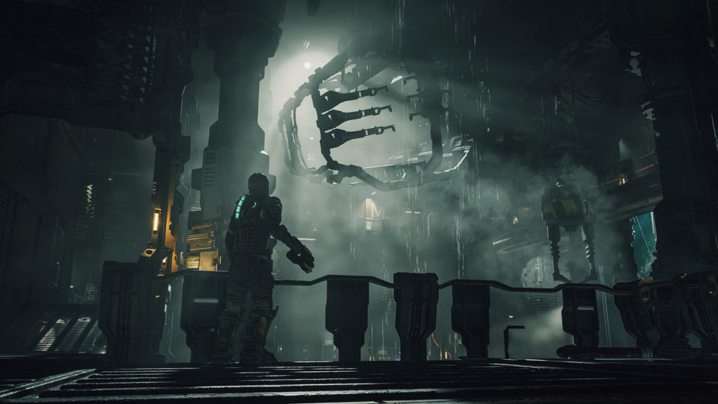 In the Dead Space Remake, we relive the original in an impressive way, as seen here in this screenshot: We are still in the spaceship but now in a kind of large engine room. Here, we look from the ground at a massive grappling arm construction, which can be seen in the center at the top of the image. The otherwise dark room is impressively illuminated by the daylight coming from the background, which makes the contours of the grapple arm construction stand out well. Underneath this construction, we go to a lower level and around the construction, there is a kind of walkway, on which we are also standing right now. Diagonally to the left in front of us, the protagonist can again be seen in a long shot from behind. He's looking at this impressive light-illuminated construct just as we are. The release date is February 2023.