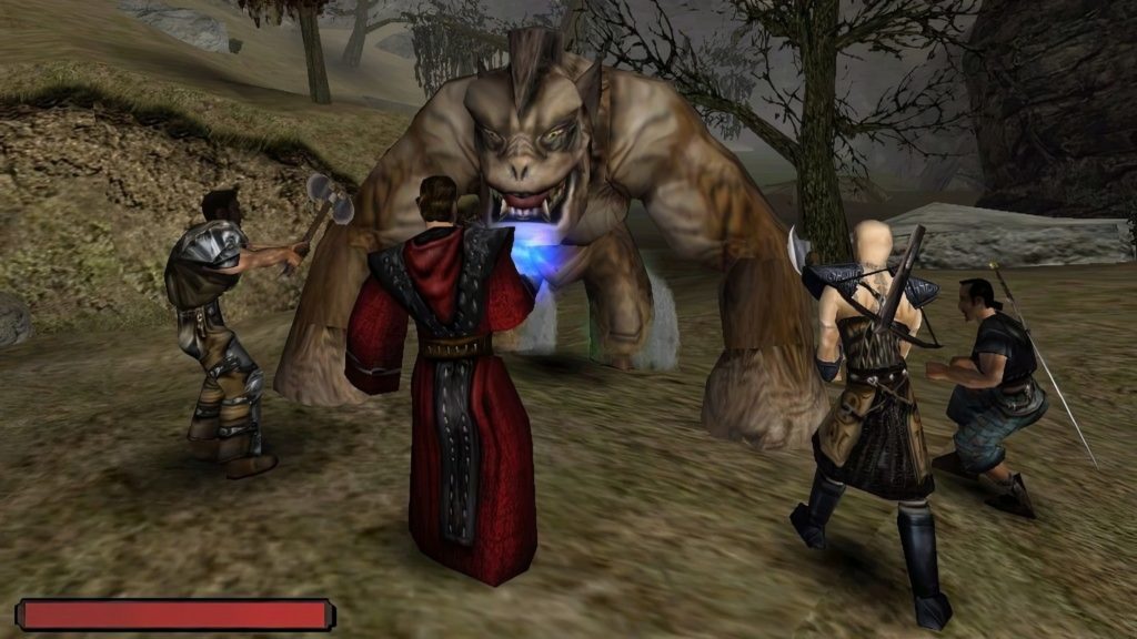 An official tweet gives reason to believe that we'll be getting Gothic 1+2 for Nintendo Switch. In this screenshot from the first title, we catch a glimpse of a large brown dog-like beast in a hazy mist with its mouth open in the wide shot in the center of the image. Around the creature stand four characters with different looks and different weapons, ready to attack. Three of the players wear armor, whereas the second person from the left wears a red robe and summons a blue spell in his right hand. At the bottom left we see a plain red healing bar. The scene takes place in a hilly grassy landscape with dark trees. The sky is gray and dreary.
