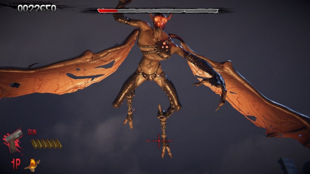 In this screenshot, the player catches a glimpse of a giant flying zombie bat in a beige color. The creature can be seen in a long shot and stretches across the entire frame. With glowing orange eyes and black claws, it tries to attack the player. In the center of the upper frame, we see the horizontally displayed health bar of the end boss, which only shows about a sixth of the life energy. A dark sky can be seen behind the creature.