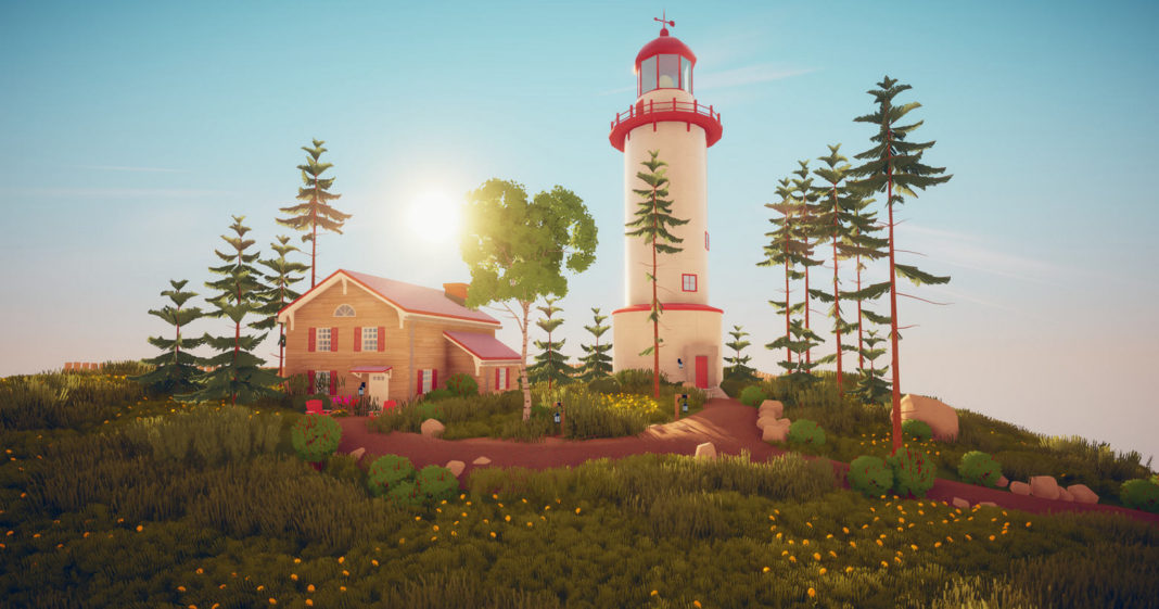 In this screenshot from Paralives, we see a beautiful grassy hill that fills the lower half of the screen. Above it, we see the blue sky. The midday sun can be seen in the upper left of the picture and illuminates the scene very brightly and coherently. On the left side of the hill, we see a wooden house with a red pointed roof and red angular shutters. To the right, a large white lighthouse with a red roof and red elements rise into the air. Around the buildings are several trees and various bushes with different shades of green. The exact release date of the game has not been set yet. However, there are already many videos that give insights into the gameplay.