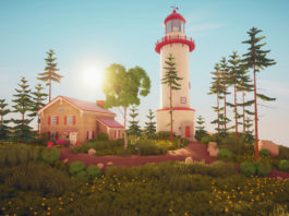 In this screenshot from Paralives, we see a beautiful grassy hill that fills the lower half of the screen. Above it, we see the blue sky. The midday sun can be seen in the upper left of the picture and illuminates the scene very brightly and coherently. On the left side of the hill, we see a wooden house with a red pointed roof and red angular shutters. To the right, a large white lighthouse with a red roof and red elements rise into the air. Around the buildings are several trees and various bushes with different shades of green. The exact release date of the game has not been set yet. However, there are already many videos that give insights into the gameplay.