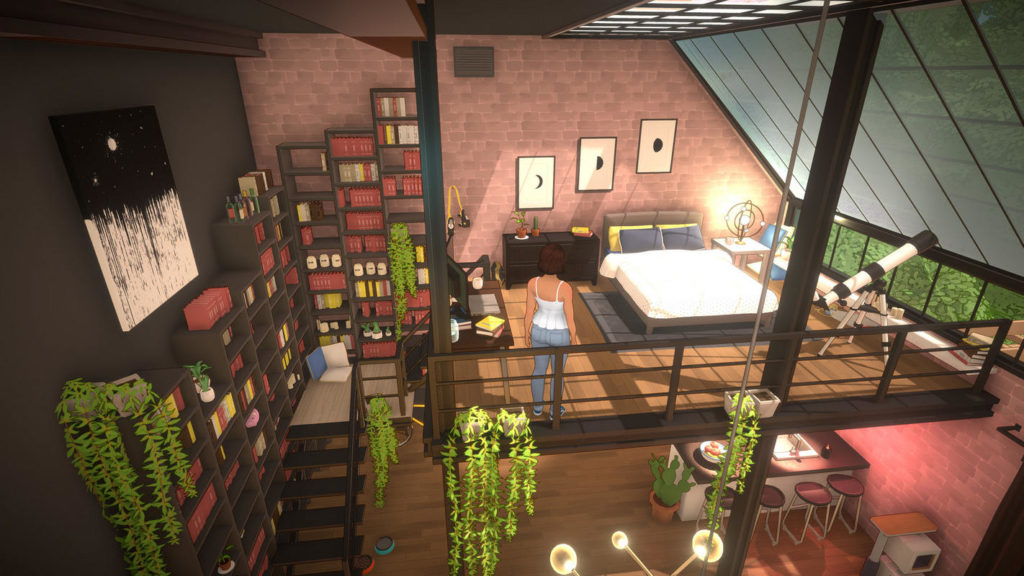 In this screenshot, we can see an impressive interior from an elevated perspective. The house has a first floor, which we can see at the bottom of the image. There, on the right, we can see a dining area with several bar stools, where red light is depicted on the wall. On the left, a dark staircase leads up to another floor, where a modern bed with a white blanket, and black pillows can be seen. On the left side, brown shelves with books of different colors rise into the air. The floor or on all floors a brown parking floor. On the right, a large slanted window front is depicted, through which daylight shines and impressively illuminates the apartment. There is also a white and black telescope next to the bed. In the center of the image, a female character with brown short hair, a white top, and blue jeans stands in front of the bed, so we can see her from behind in a long shot. There are vine-like green plants in several places in the room.