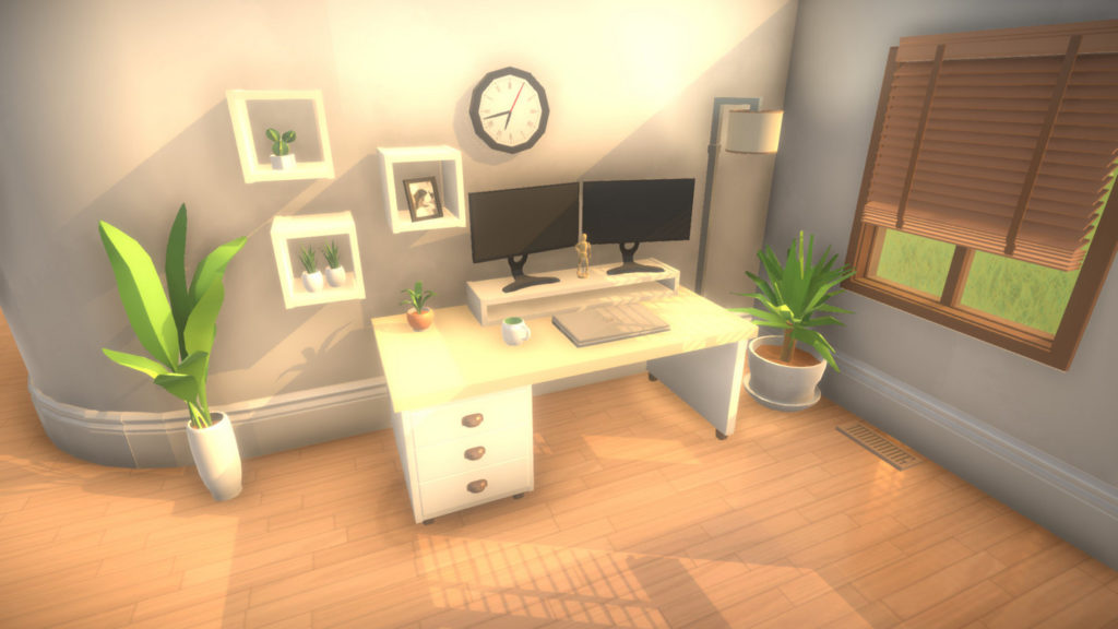 In numerous gameplay videos, you can already get an impression of the game Paralives. In this screenshot, we are in a constructed building and look at a very coherent interior. In the center of the image, a white desk with a light wooden top can be seen in a long shot. On the table are two black monitors and in front of them is a brown closed laptop. To the left and right of the desk are two green, palm tree-like potted plants. Above the desk, there are three white cube-shaped shelving elements on the wall, in which there are small plants and a picture. Above the monitor is a white clock with a black border. We are standing on a light brown parquet floor and on the right there is a rectangular window with brown shutters. The wall where the table is located makes a curve on the left side, leading to another area of the room. The wallpaper has a light gray color and daylight shines in through the window. We are curious when the release date will be available.