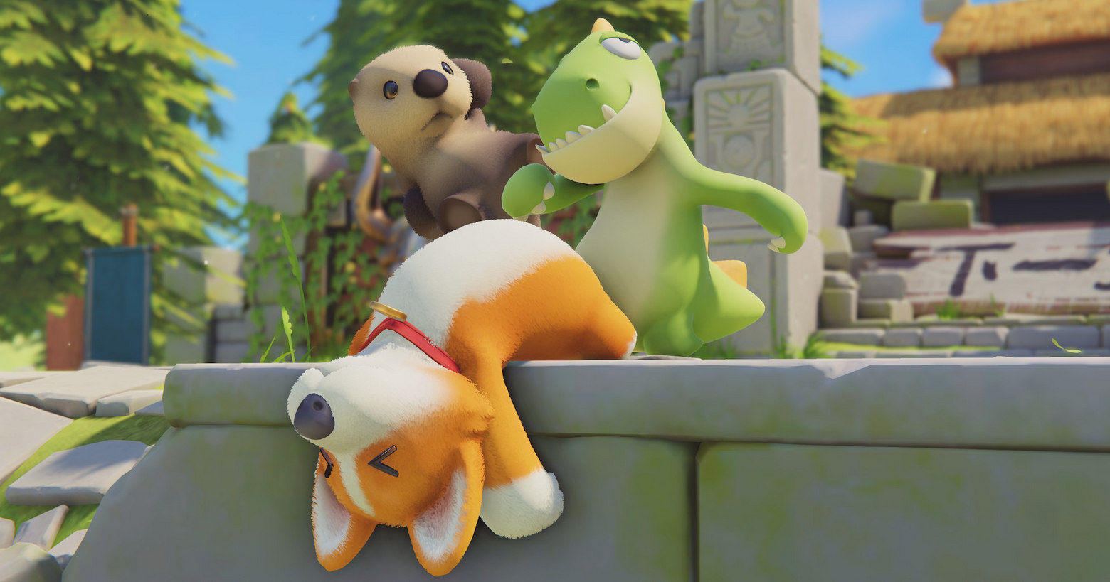 Convince yourself of the game's cuteness by taking a look at this screenshot of Party Animals: In perspective view, we are looking at a gray stone plateau on which there are three extremely cute animal creatures. A small cute orange-white colored dog is lying over the edge of the plateau with its eyes closed, and we look into its swooning face. The dog is centered at the bottom of the image in a long shot. Directly behind him in the center of the picture is a green baby dragon with small protruding teeth and a smug grin. To the left behind him, a cute little brown beaver is just jumping at him with a kick. In the background, trees and the facade of a house with a thatched roof can be seen in the blur. The title has a release date and offers besides fun gameplay also probably crossplay and cross-platform support.