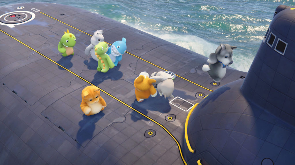 In this screenshot, we see a battle between eight different cute animals on a submarine on the high seas from an elevated perspective. The submarine takes up almost the entire frame and has a dark gray color. Two yellow stripes run parallel as markers along the top of the boat. In the upper left, we see two green small roofs fighting with a gray rabbit and a small blue shark with a big mouth. At the bottom of the picture, two orange cats are fighting a gray beaver. On the top right, a small Haski is jumping to a higher level of the boat. Besides a PvP mode, there are also other gameplay options in Party Animals. A release date is very close and we might also get crossplay support.