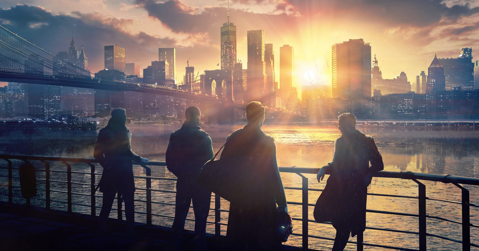 In this screenshot from Payday 3, we see the four familiar main characters without masks as black silhouettes in the wide shot in the foreground, as they stand at a railing in front of New York with its many skyscrapers and look over. The railing and the characters are illuminated by the setting sun, which can be seen over the metropolis, making the foreground appear almost completely black. In front of them is the huge East River, over which a huge bridge leads to the city, which we glimpse on the left side of the image. A trailer gives a brief insight into the new installment and reveals more information about the release date.