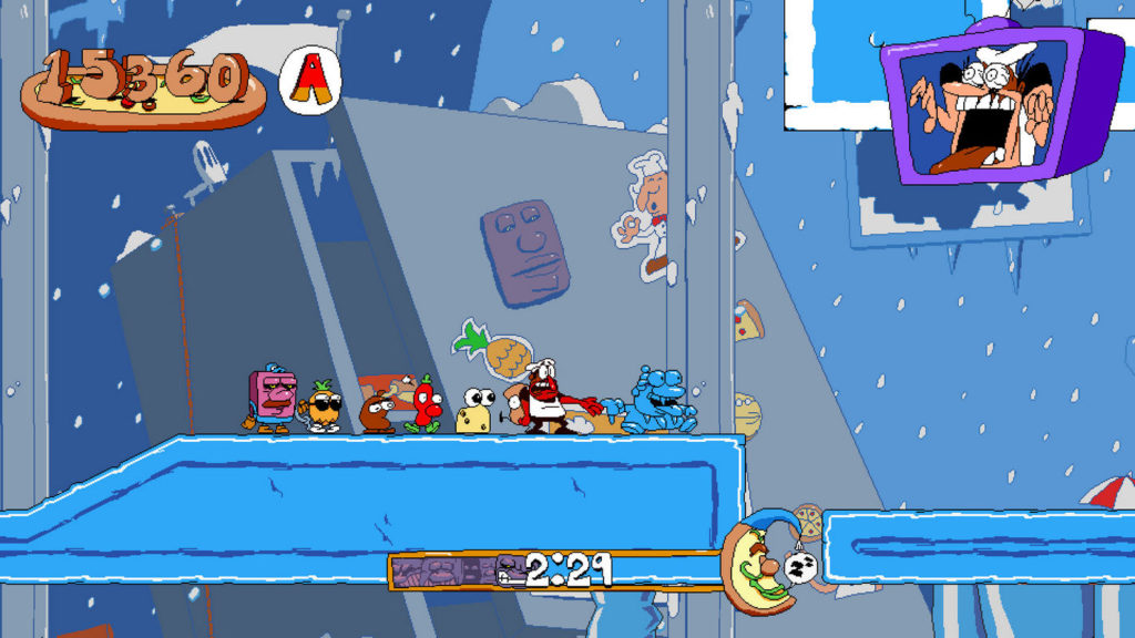 This screenshot shows a light blue ice level. The level platform for the player runs horizontally and is quite far down in the picture. The player is again standing in the center of the screenshot. Right now he has a fiery red color and a very worried expression on his face. He is wearing a white chef's apron, white headgear, and black pants, just like in the previous screenshot. His nose hangs down in discouragement. To his left are several different food types of various colors and types, called Toppins, with eyes and following Peppino. In the background is a snowy landscape with snowflakes and in the upper right the purple monitor just shows a close-up of a greedy and insane looking Peppino with his eyes sticking out and his mouth open with his tongue hanging out. Pizza Tower is available now on Steam and offers a lot of 2D jump'n'run.
