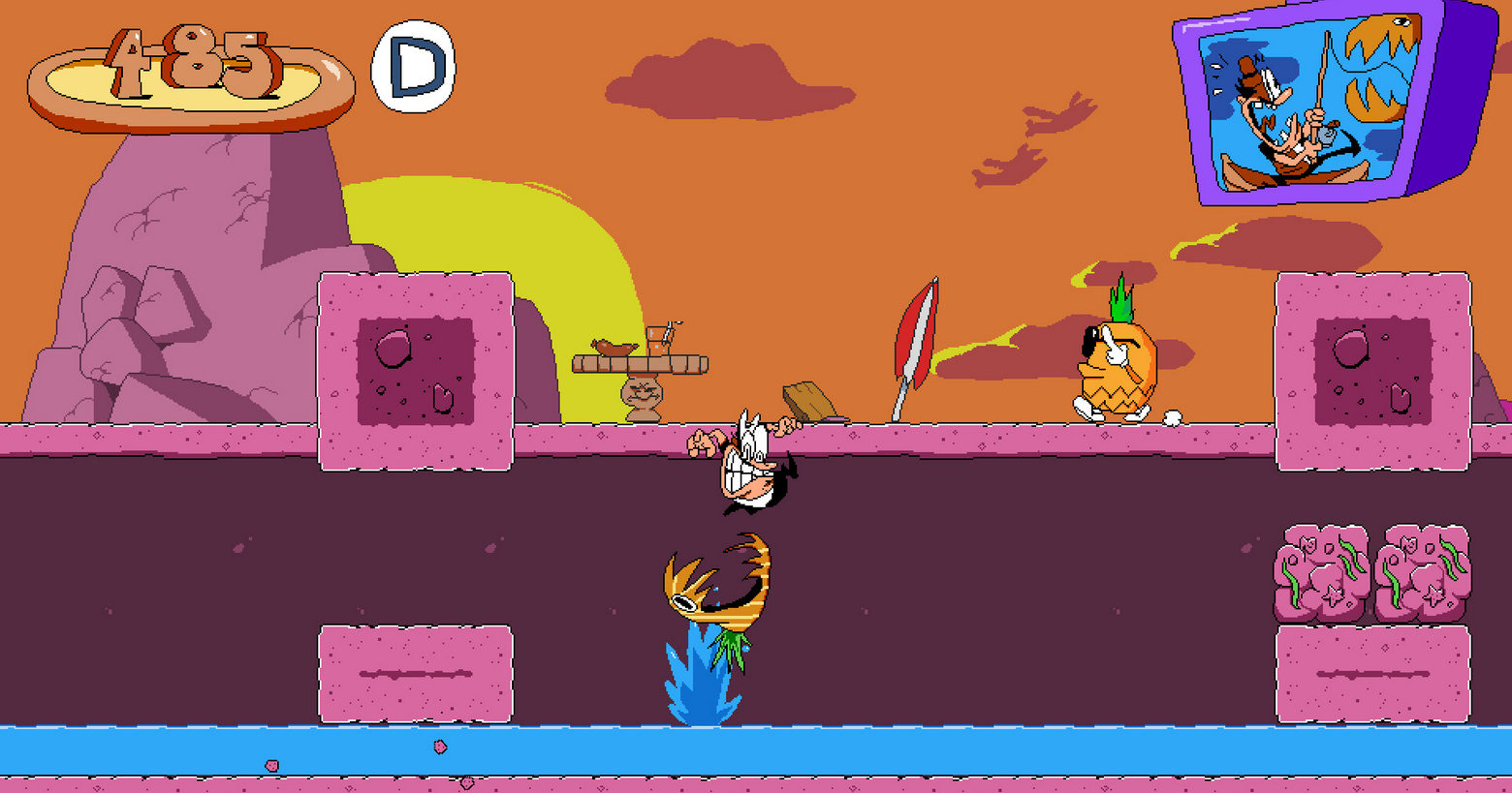 This screenshot from Pizza Tower shows the playable protagonist Peppino Spaghetti in the center of the screen in a long shot. The scene is hand-drawn and strongly reminds us of the 2D platformers from the 90s. The player is jumping over an orange flesh-eating plant that is trying to eat him. It stands at the bottom center of the screen on a blue background. Peppino has big insanely distorted white eyes and a contorted big mouth, so we can see his many white teeth. In his look, we can read the thought "Just don't get to the plant". Directly above him is another horizontal pink plane, with an orange with black glasses walking in his direction on the right. To the left and right of the image we glimpse several different-sized rectangular pink rocks and in the background is an orange sky with dark orange clouds and a pink mountain to the upper left. At the top left we see the score in orange and to the right, the current rank is black and white. In the upper right corner, we see a drawn tube monitor, on which Peppino is shown on a wooden boat, looking panic-stricken into the throat of a carnivorous plant, which he has just pulled out of the water with his fishing rod. The game was recently released on Steam.