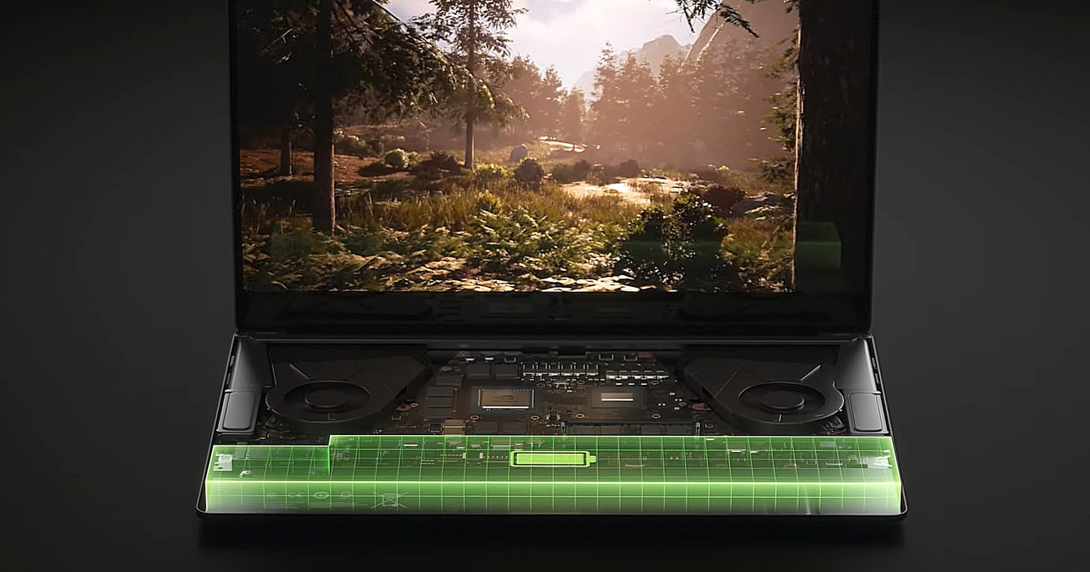 This screenshot shows an RTX 40 series laptop running one of NVIDIA's latest Geforce GPUs. The laptop is shown in the center of the picture and a game clip can be seen where the player is in a breathtaking forest landscape. The background is kept simple in a grayish tone. This is a 3D visualization where the keyboard has been deliberately omitted so that we can look inside the laptop. The bottom edge of the laptop is highlighted with a typical Nvidia green grid.
