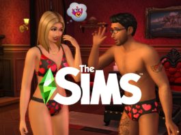 An erotic scene like this will certainly be playable in Sims 5, because as we all know, sex sells. In this in-game screenshot we see a light-skinned middle-aged blonde Sim woman with shoulder-length hair and a tanned Sim man with short black hair and glasses facing each other in sexy dark underwear with red hearts on it. The man seems to be joking, and the woman is smiling shyly. Above her is a speech bubble with a devilish heart emoji suggesting that the two are about to have sex with each other. The characters are standing in a cozy furnished room with lots of red tones, the fireplace is burning in the background on the left, a bed with a dark wooden frame and red covers can be seen in the background on the right. On the wall above it hangs a rectangular oil painting with a harbour scene.