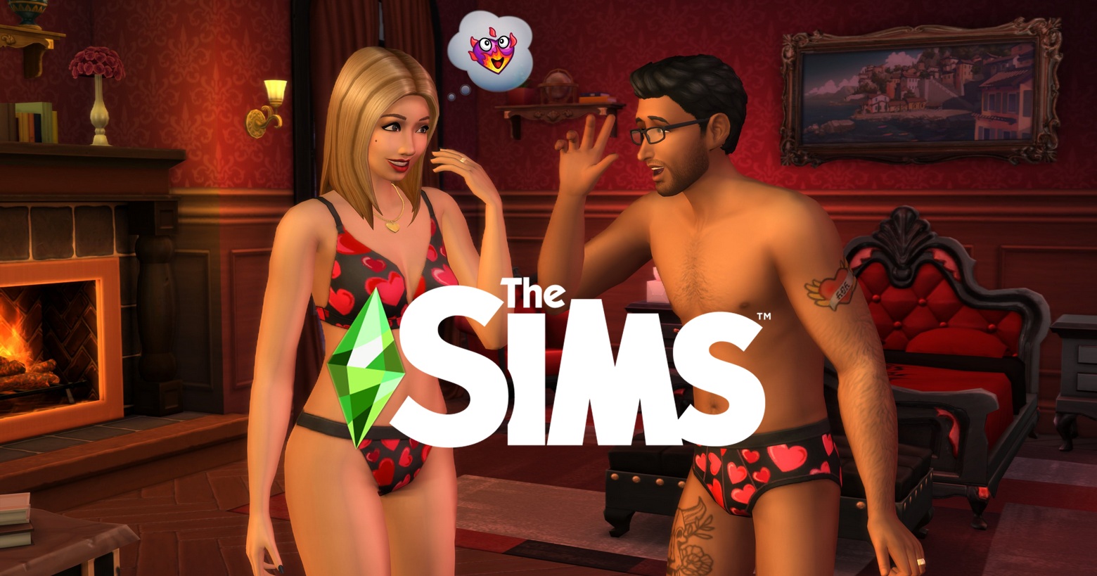 An erotic scene like this will certainly be playable in Sims 5, because as we all know, sex sells. In this in-game screenshot we see a light-skinned middle-aged blonde Sim woman with shoulder-length hair and a tanned Sim man with short black hair and glasses facing each other in sexy dark underwear with red hearts on it. The man seems to be joking, and the woman is smiling shyly. Above her is a speech bubble with a devilish heart emoji suggesting that the two are about to have sex with each other. The characters are standing in a cozy furnished room with lots of red tones, the fireplace is burning in the background on the left, a bed with a dark wooden frame and red covers can be seen in the background on the right. On the wall above it hangs a rectangular oil painting with a harbour scene.