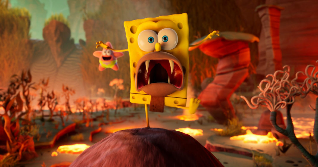 In this screenshot of Spongebob Cosmic Shake, we see the yellow SpongeBob in the center of the image in the long shot from the front. With his right leg, he is balancing on a rolling earthy ball, which is coming towards us and can be seen at the bottom of the screen. The protagonist has a panicked look and a wide open mouth, in which we can see four sharp teeth. In the background, a bit to the left of the image is a flying Balloon-Patrick in pink paint and greenish shorts smiling as he flies after SpongeBob. The two are in a fanciful wish world consisting of numerous weird plants, earthy platforms, and lava areas, which we glimpse to the sides and in the background in the blur. The scene is very red-lit by the lava. The title has a release date and the screenshot already gives a good insight into the gameplay that awaits you.