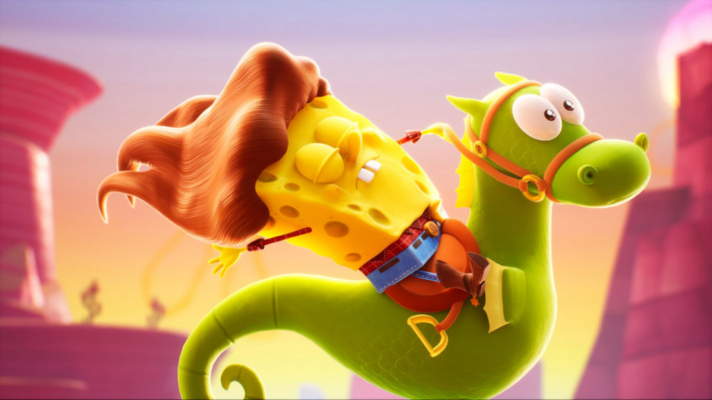 In SpongeBob Cosmic Shake, you're always slipping into crazy cosmic costumes, as shown in this screenshot: Our favorite hero SpongeBob is riding through the prairie on a green seahorse in this picture. We catch sight of the protagonist from the side in a long shot in the center of the image. The landscape is visible in the background in the blur of mountains and the sky is romantically colored by the setting evening sun. SpongeBob is wearing brown cowboy pants with a blue belt and brown spikes with spurs. With his eyes closed, he leans back with pleasure while riding, while his right arm is stretched back and his left-hand holds the reins. His brown long hair blows in the wind and shines atmospherically in the sun. The release date of SpongeBob Cosmic Shake is already January 31, 2023.