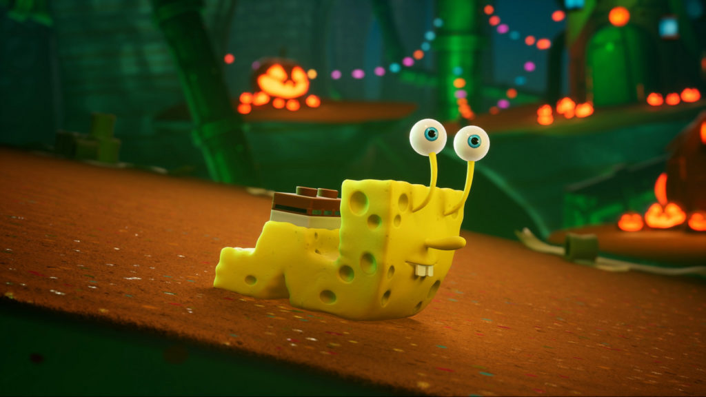From the side, we catch sight of SpongeBob in the form of a yellow snail in the center of the picture in a long shot. He is crawling straight on a slightly sloping brown wooden plane with a cheerful look slanting to the lower left in the picture. The protagonist is in a very green dream world. In the background, we glimpse in the blur numerous towering thick green plant stalks and green-colored platforms. We also recognize in the blur several different large and distant glowing Halloween pumpkins and colorful glowing garlands. SpongeBob SquarePants: The Cosmic Shake transports you to seven different wishing worlds.