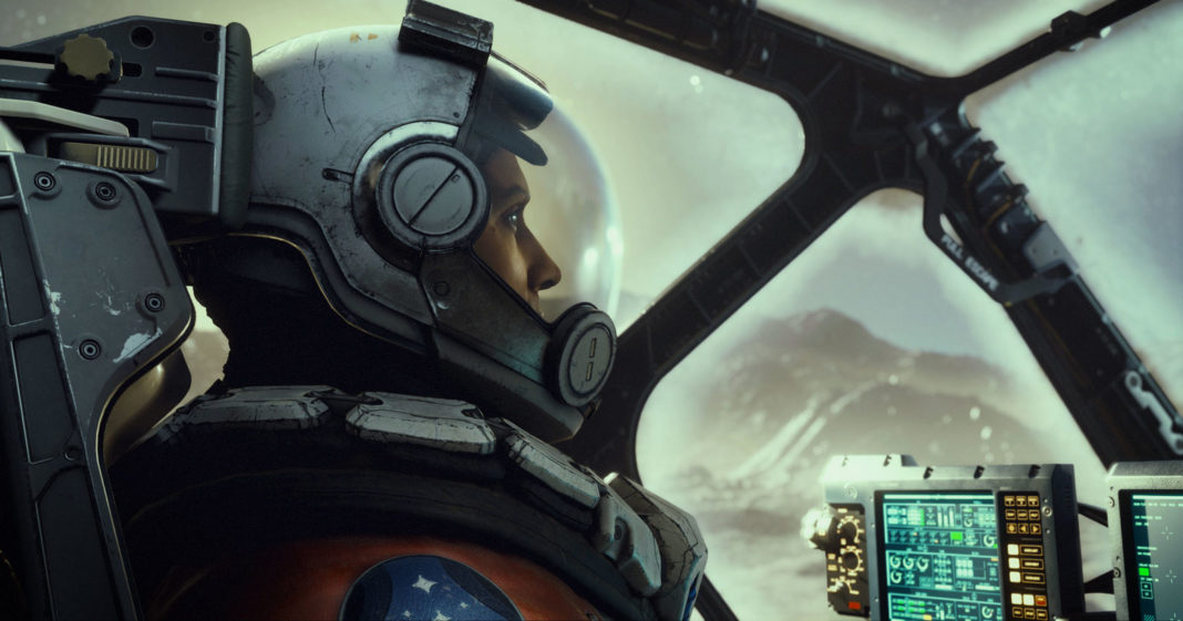 Many videos and also screenshots have already officially come out showing the gameplay of Starfield. In this screenshot, we see the facial profile of a female astronaut on the left half of the image. She is sitting in the cockpit of a spaceship and her face is shown in a close-up. She wears an orange suit and an astronaut helmet with a transparent visor, through which she looks out of the picture to the right. In the bottom right corner of the crop, we see two displays with many green controls. Behind the woman, we look through the cockpit window and recognize some blurry hills of the planet we are on. Bethesda has now announced new information about the release date.