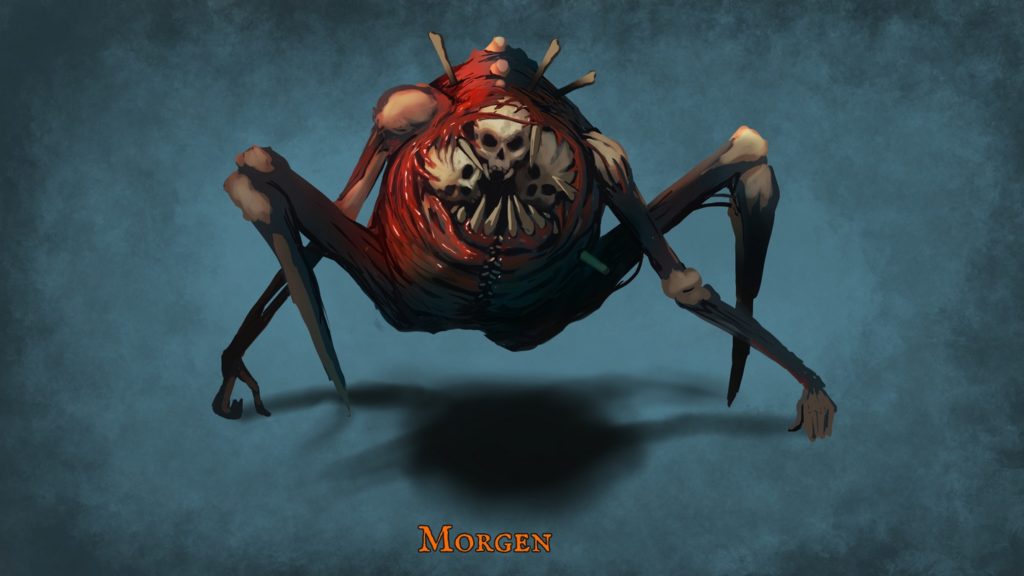 This time, a concept art of a spider-like creature is shown against the same background. We see it in the long shot in the center of the picture. The creature has two legs and two arms with which it moves like an insect or a spider. The legs look like two giant spikes and the torso is a single blood clot, open at the front with several white skulls peering out. The monster does not have a head. The limbs are beige and partially light brown. At the bottom center is the text "Morgen" in large orange letters.