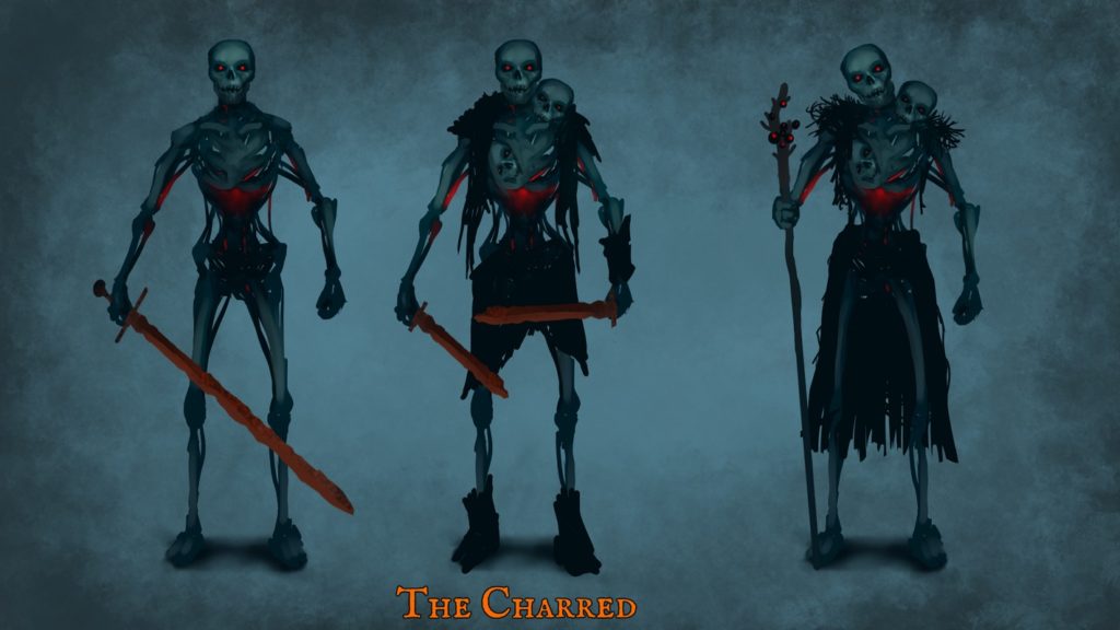 The Valheim biomes get a new addition: In the new region “The Aslands” you will also meet new enemies, as illustrated in this concept art: Against a turquoise background, which has a dark noisy vignette, we look at three similar-looking skeleton warriors designs. They are shown in this image in the long shot parallel format filling. All skeletons have the same body type, the same head with red glowing eyes, and a red glowing light in the chest region. The left warrior has a large orange-colored sword in his right hand. The middle one holds two shorter orange-colored swords in his hands and the right one has a wand in his right hand. Both the right and the middle warriors carry another skull on their left shoulder. In the center at the bottom of the image is the text in large orange letters "The Charred".