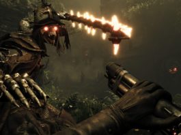 Here we see a screenshot from the new shooter Witchfire. We are the player in first-person perspective in a very dark interior courtyard, which is overgrown with numerous green plants. Just now we are reloading a futuristic-looking revolver, which we can see in the lower right corner of the image. On the left side, there is a skeletal witch-like creature with a brown robe, red glowing eyes, and a leathery hat. The creature is about to strike a blow with a burning club. In the background, we can see the outlines of tall stone buildings and in the center of the background, there are two flying demonic creatures with red glowing eyes. This shooter contains very fast-paced gameplay and is a roguelite title.