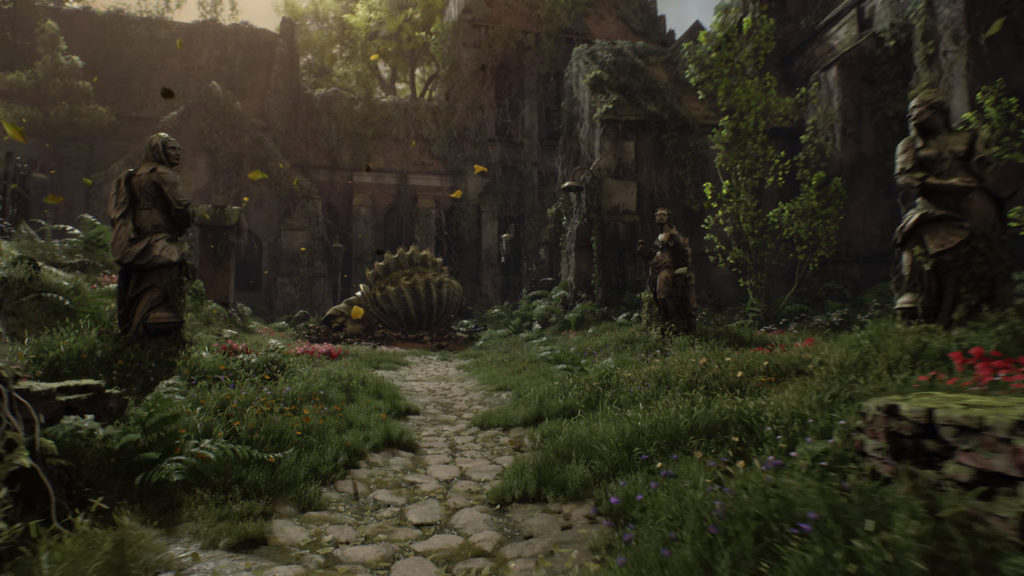 We are again in a courtyard overgrown with plants and are standing directly on a stone path that leads straight into the background of the picture. To the left and right of the path, we see numerous beautiful-looking types of grass and different colored flowers. Three stone statues stand in the grass next to the path. On the right and in the background high stone building facades rise into the air. The scene is atmospherically illuminated by the slowly setting evening sun.