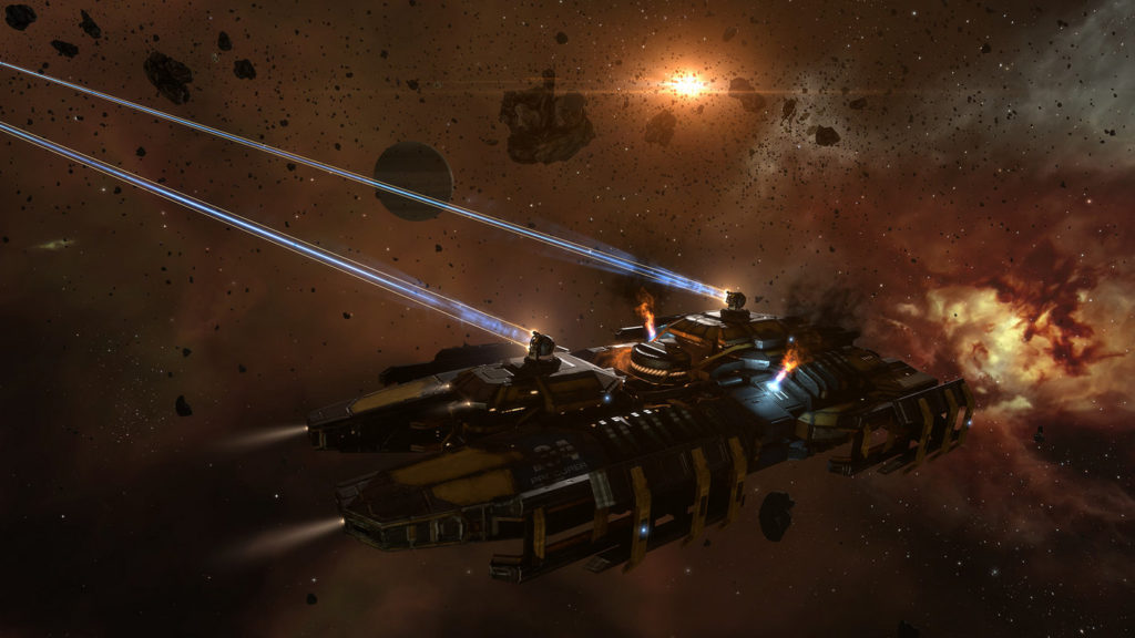 In one of the most epic space sandbox games, you can experience space battles with thousands of other real players, as illustrated in this screenshot from EVE Online: In the long shot, we see a massive yellow and black colored spaceship floating in an orange appearing space at the bottom center of the image. The structure is relatively flat and very elongated. The spaceship has numerous vertically running protective beams on the sides. At the rear, on the left and right sides, two fire fountains emerge from the ceiling. The ship has two cannons on the front and back of the roof, with which it just shoots two blue laser beams out of the picture to the upper left. Around the ship fly numerous more or less distant asteroids. Play the game for free.
