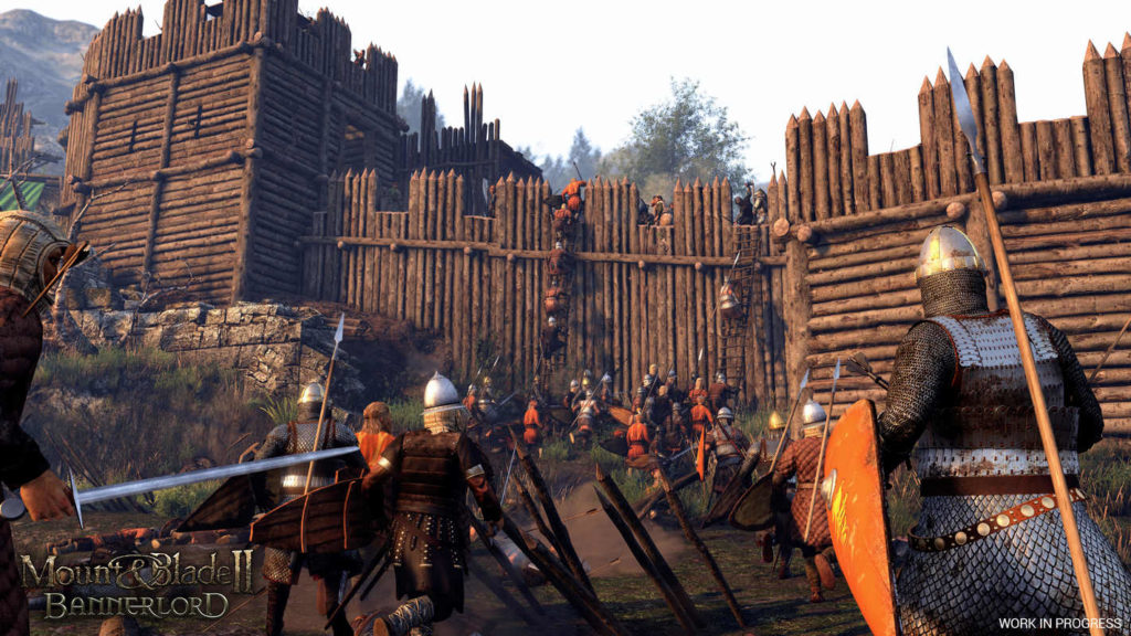 Command your army of knights from an isometric perspective or be in the middle of the action, as illustrated in this screenshot: As a leader, we run in first-person perspective armed with a spear by day to an enemy palisade wall of a stronghold, which we can see impressively in the background on a hill. As we storm, we find ourselves surrounded by many other knights wearing chainmail and helmets and equipped with swords, shields, and spears. Directly in front of us, our army already put two large ladders against the palisade and are in the process of climbing up. The enemies can be seen at the top of the wall trying to stop and kill the knights climbing up. Directly in front of us are wooden spikes pointing in our direction. Mount & Blade II: Bannerlord is one of the very notable sandbox games set in the Middle Ages. The game is also available on Steam.