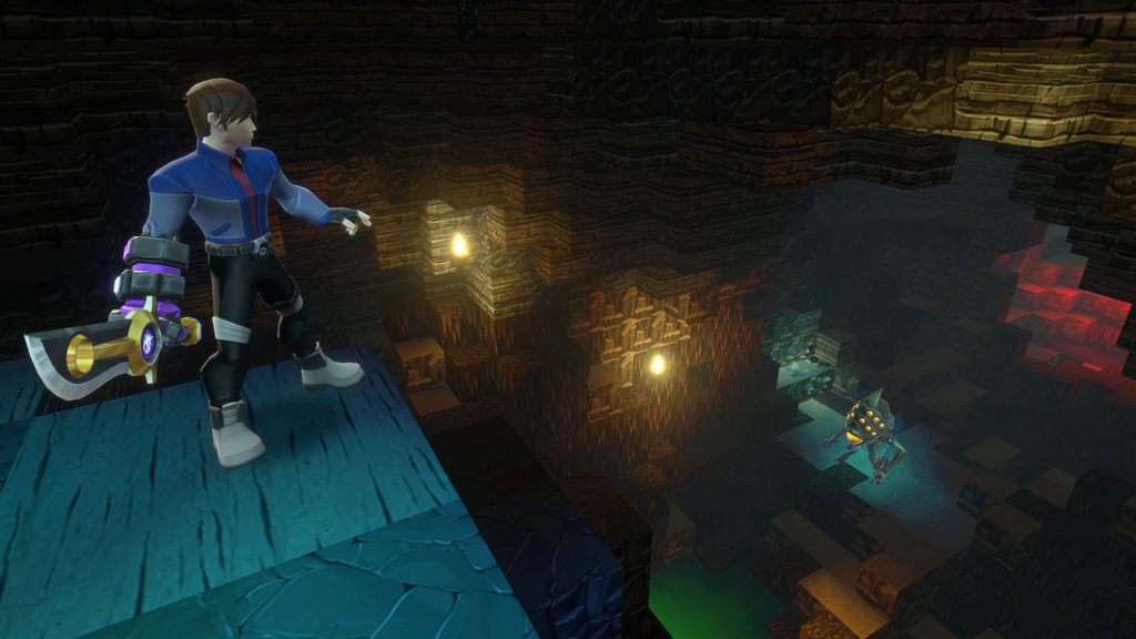 In this screenshot, we see a player in the top left of the image in a long shot from the right side. We are in a dark underground cave, lit only by torches, two of which we can see in the center of the image in the background. The player is wearing a blue tricot, and black pants and has a large curved sword in his right hand. He stands on a blue block and looks down into the abyss, which we can see on the right of the picture. There we can see lava rocks on the right edge of the image and further to the left a blue spidery black creature with several yellow eyes, which illuminates the near surroundings around it in light blue. Further down in the depths, a green light can be seen. Sandbox games like Creativerse give you a gameplay experience very similar to Minecraft.