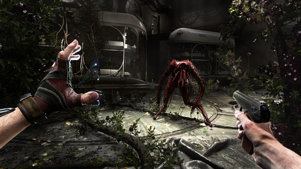 After the release date of Atomic Heart, you too will encounter nasty bloody mutants, as pictured here. The player holds a pistol in his hand.